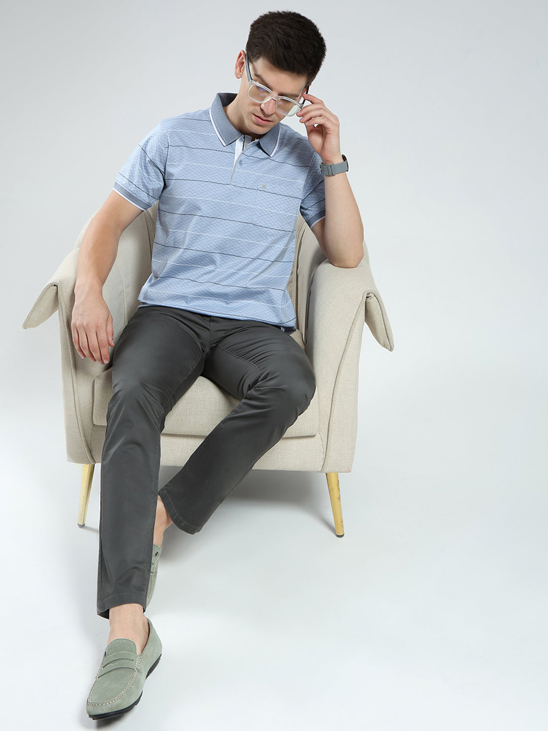 Luxuria Men Blue Stripe Collar Half Sleeve T-Shirt