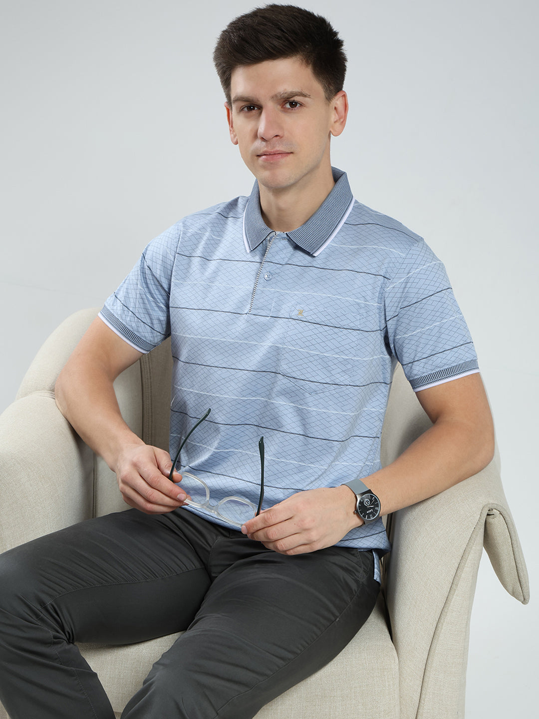 Luxuria Men Blue Stripe Collar Half Sleeve T-Shirt