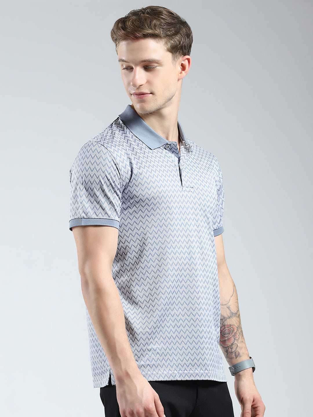 Men Grey Printed Collar Half Sleeve T-Shirt