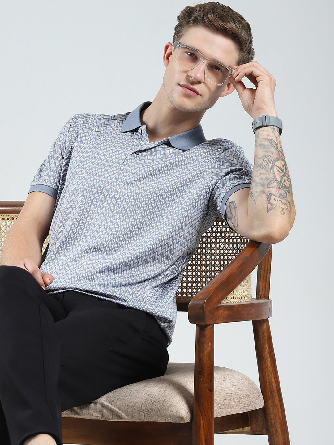 Men Grey Printed Collar Half Sleeve T-Shirt