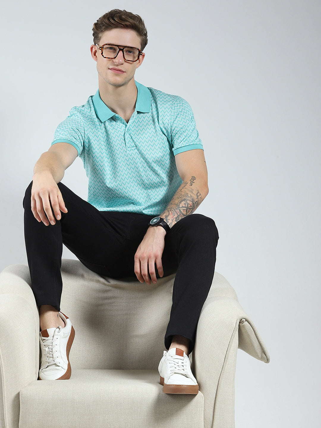 Men Green Printed Collar Half Sleeve T-Shirt