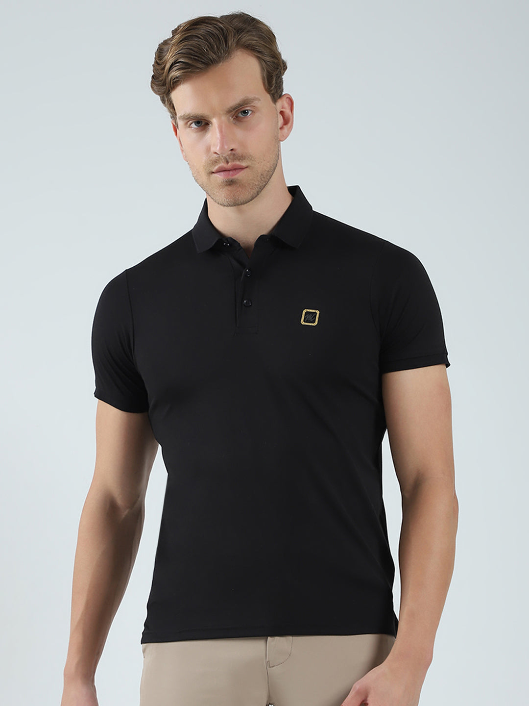 Men Black Solid Collar Half Sleeve T-Shirt