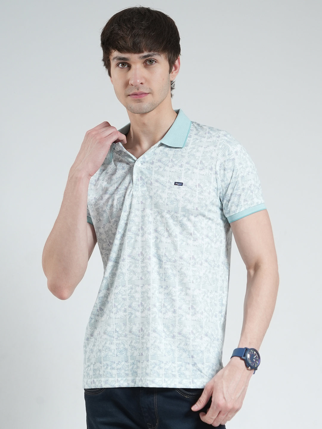 Men Blue Printed Collar Half Sleeve T-Shirt