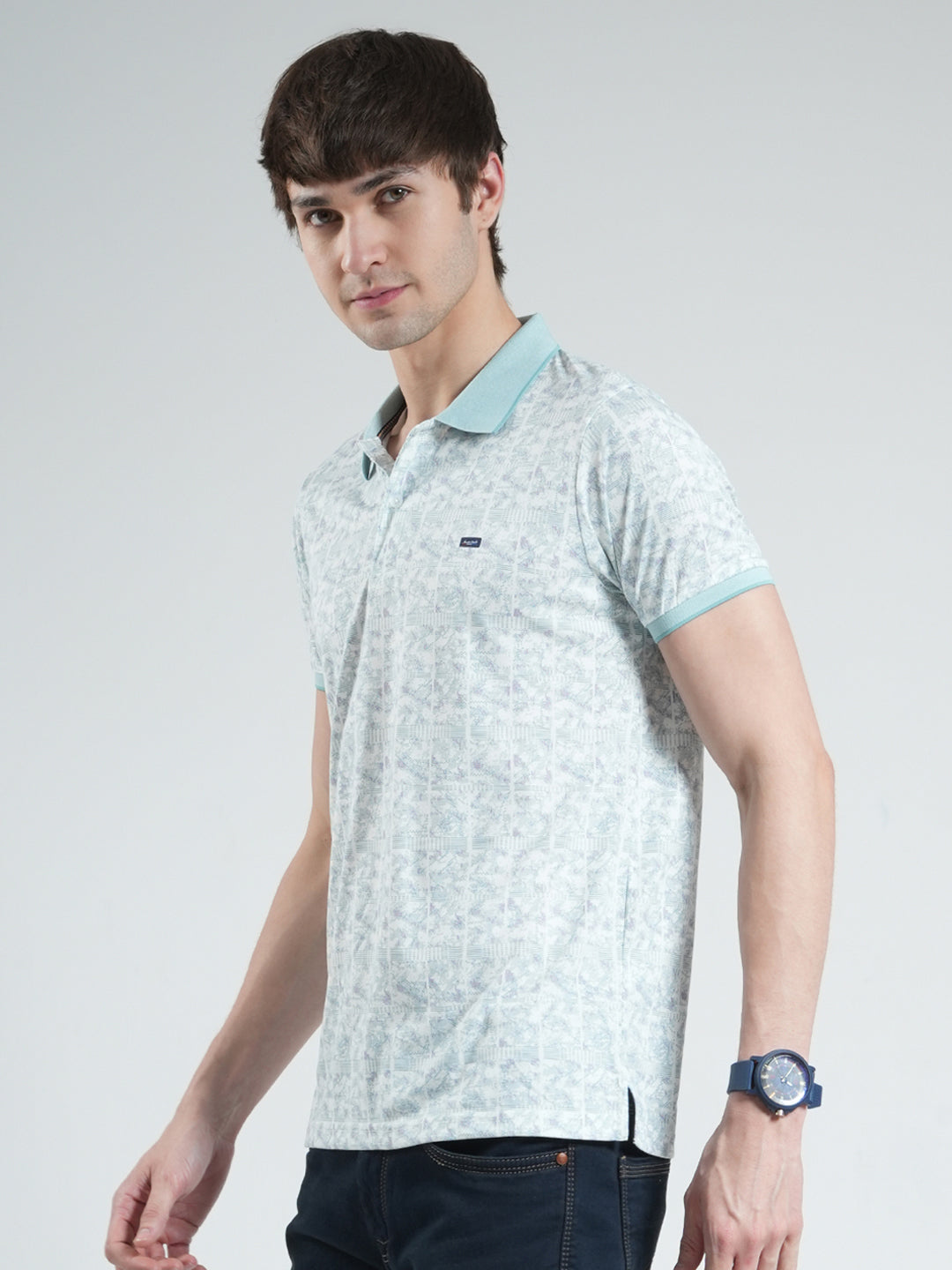 Men Blue Printed Collar Half Sleeve T-Shirt