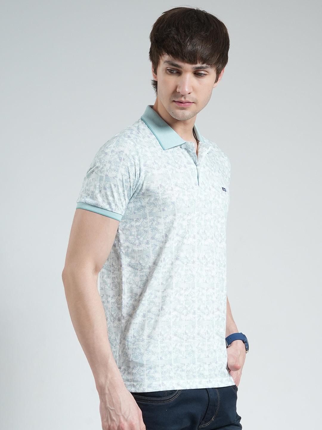 Men Blue Printed Collar Half Sleeve T-Shirt