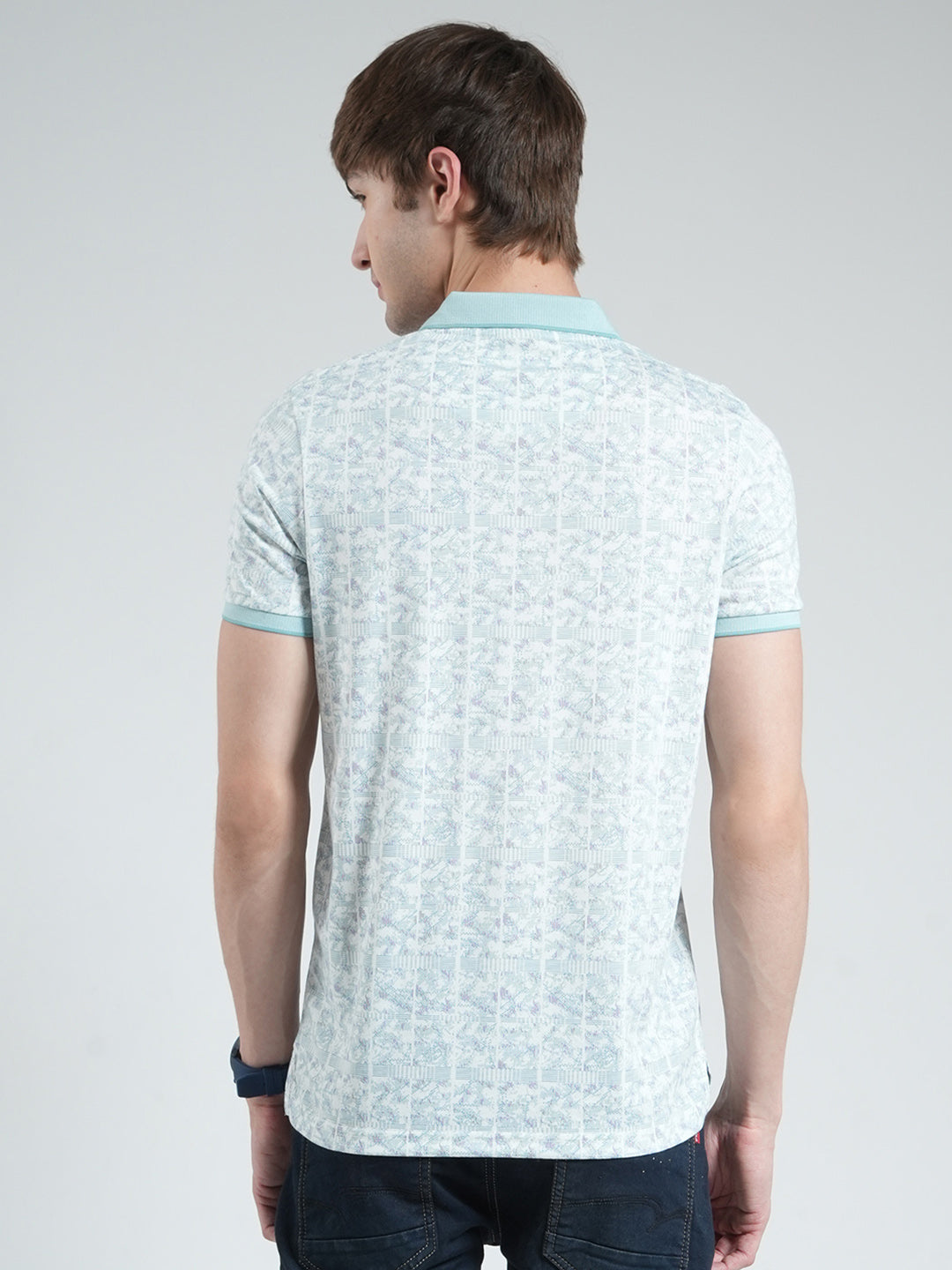 Men Blue Printed Collar Half Sleeve T-Shirt