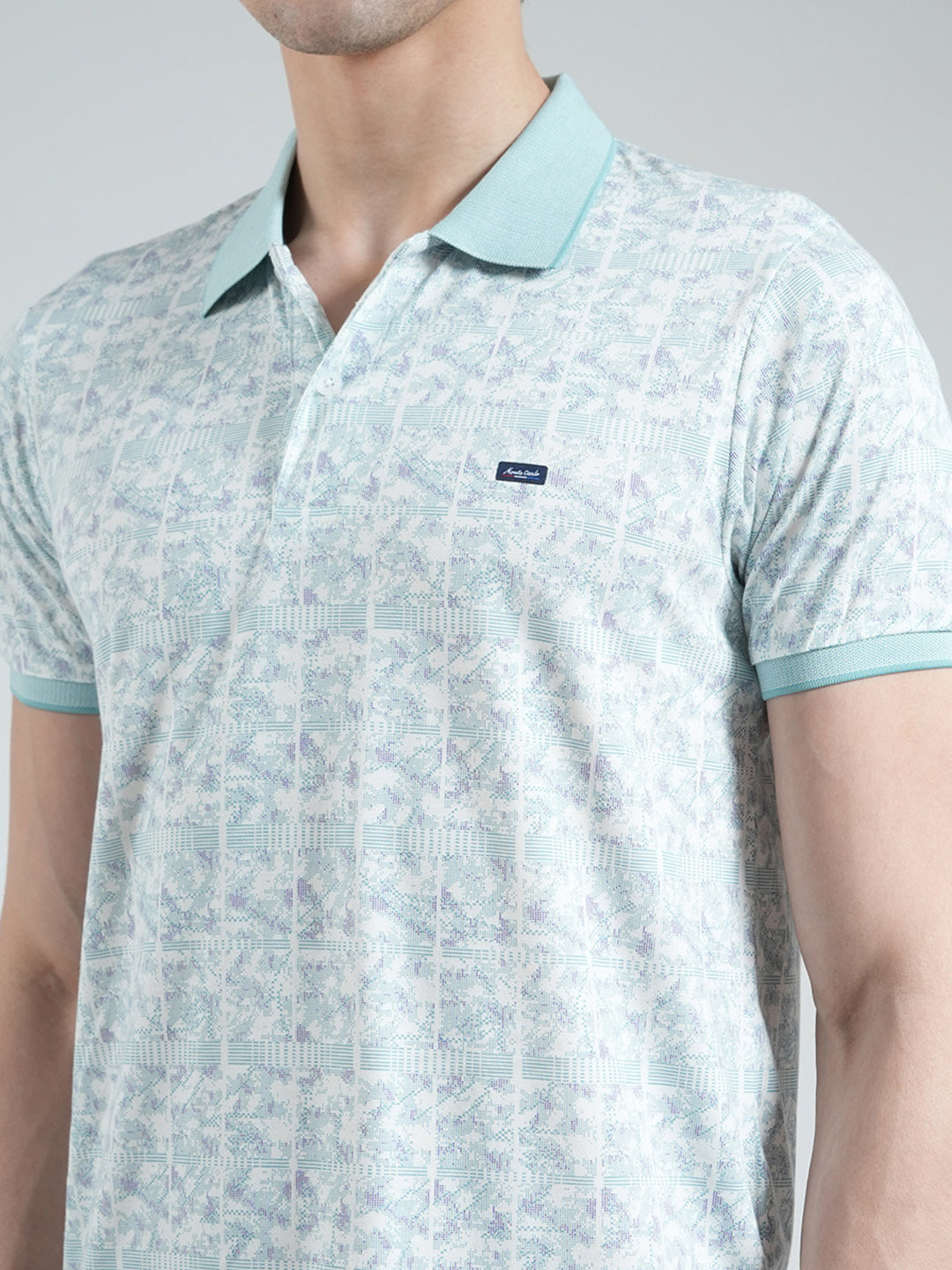 Men Blue Printed Collar Half Sleeve T-Shirt