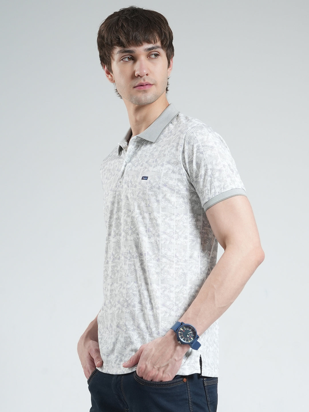 Men Grey Printed Collar Half Sleeve T-Shirt