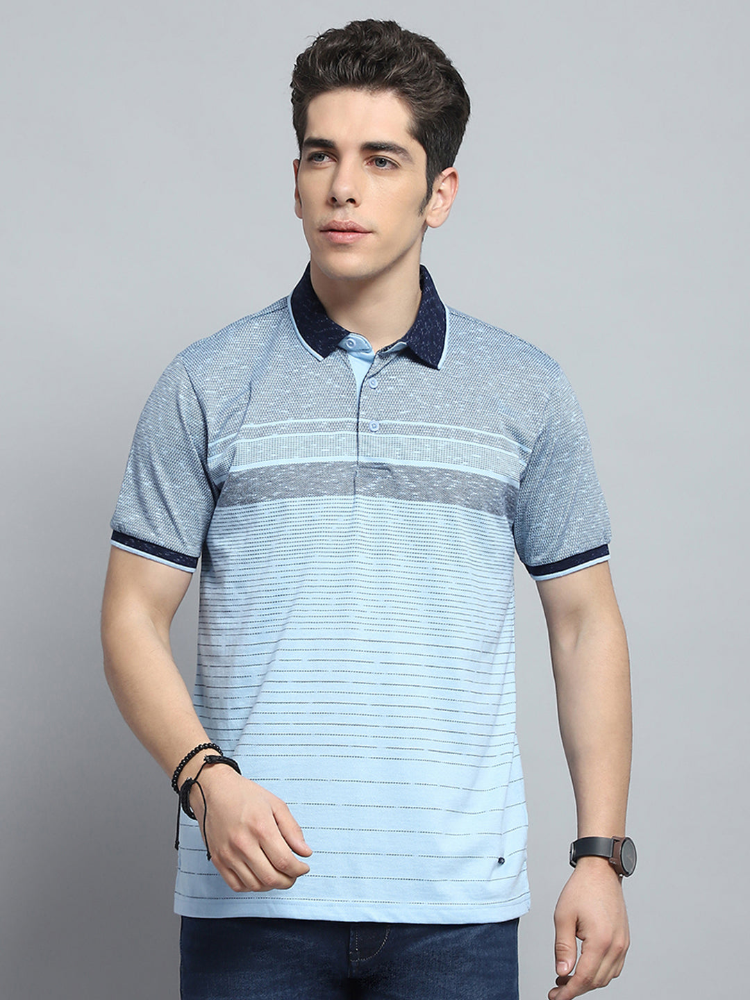 Men Sky Blue Stripe Collar Half Sleeve T-Shirt