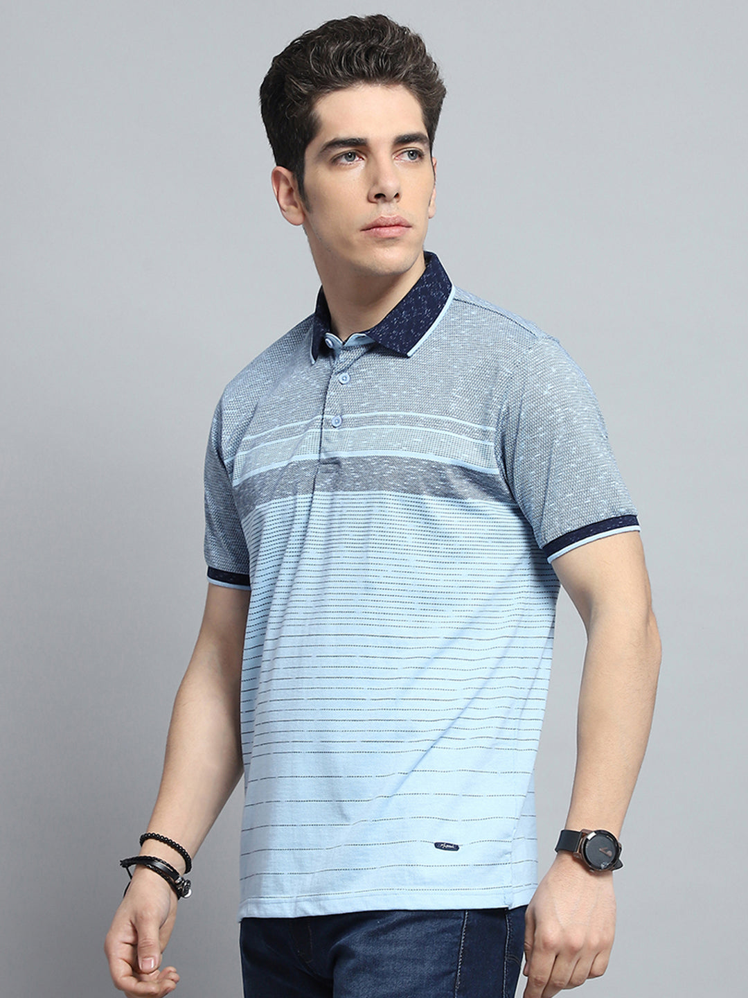 Men Sky Blue Stripe Collar Half Sleeve T-Shirt