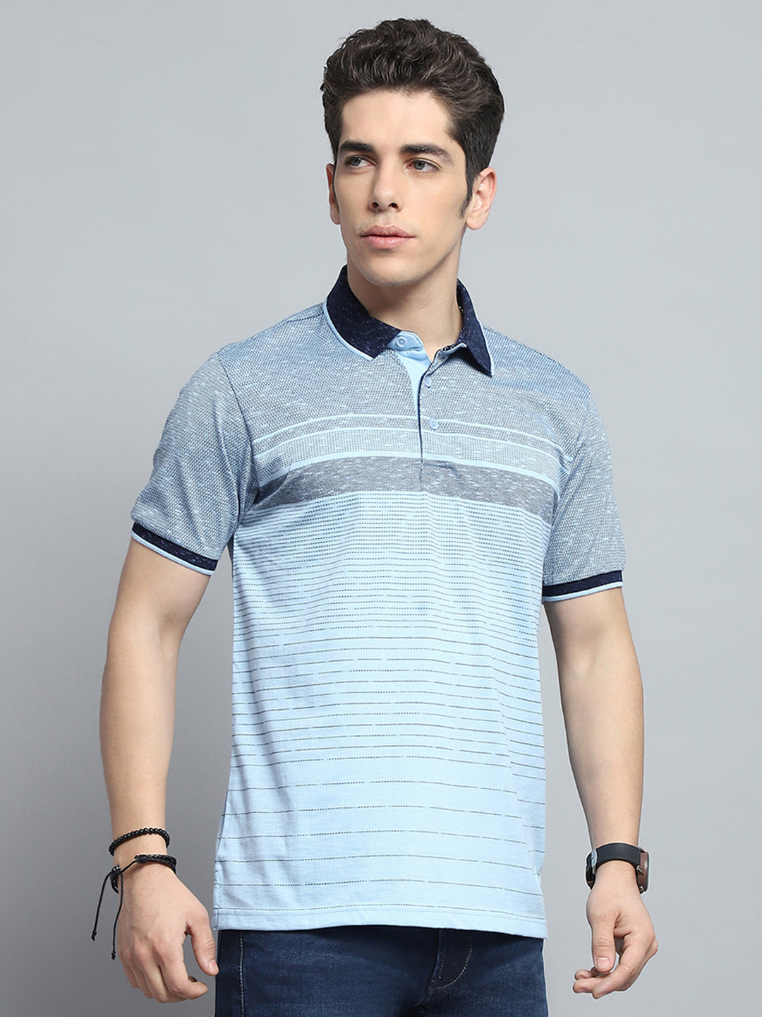 Men Sky Blue Stripe Collar Half Sleeve T-Shirt