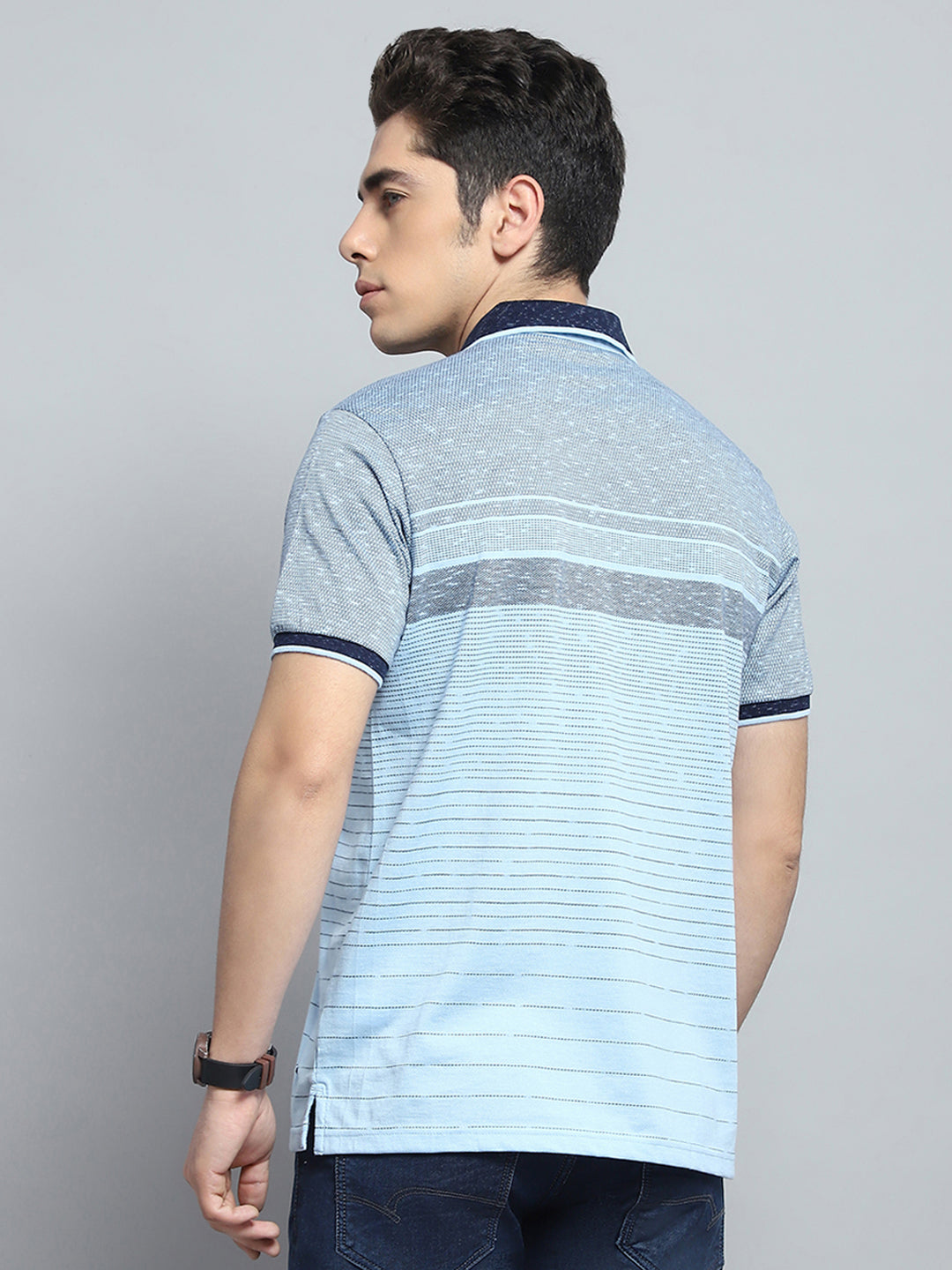 Men Sky Blue Stripe Collar Half Sleeve T-Shirt