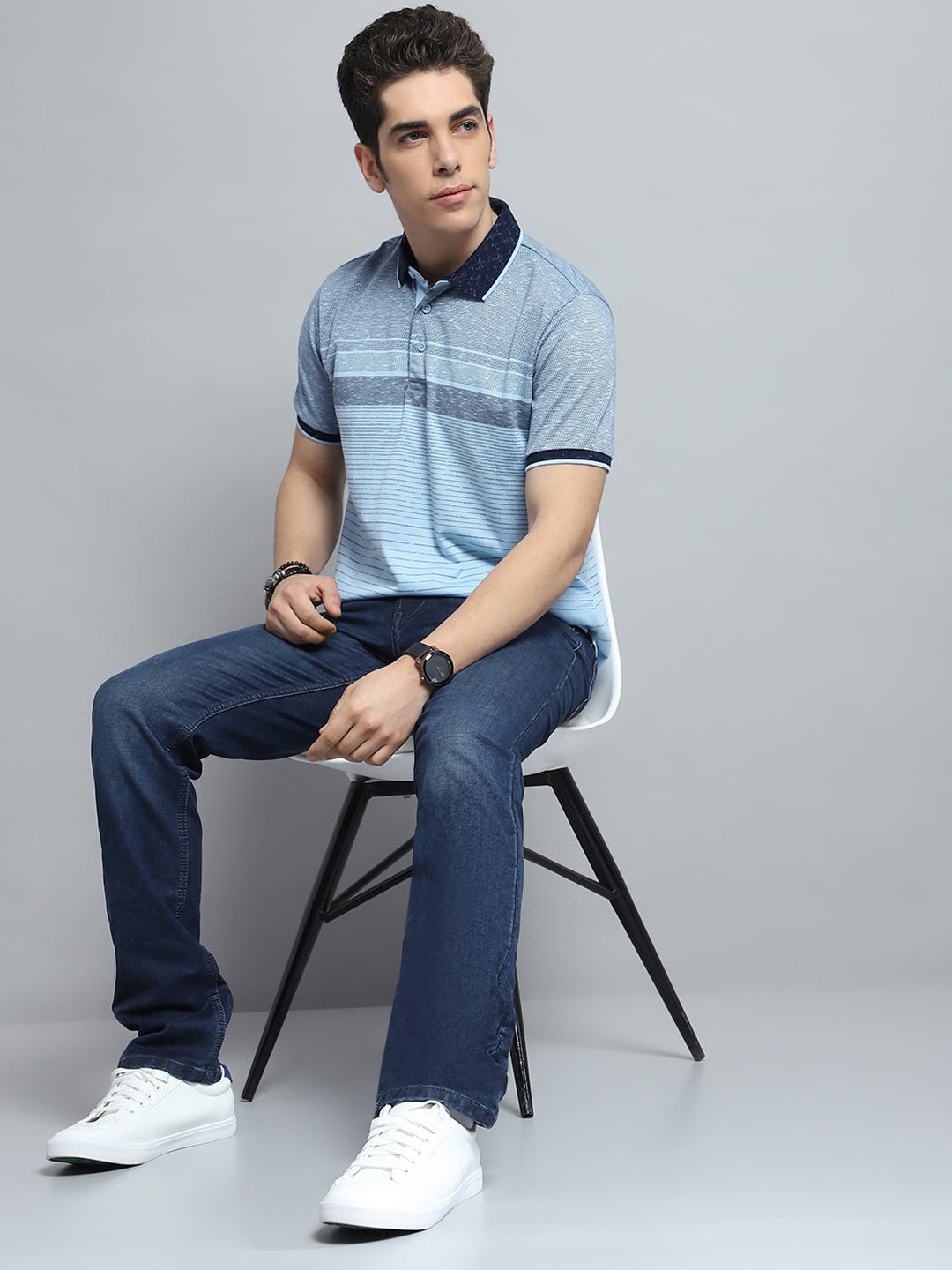 Men Sky Blue Stripe Collar Half Sleeve T-Shirt