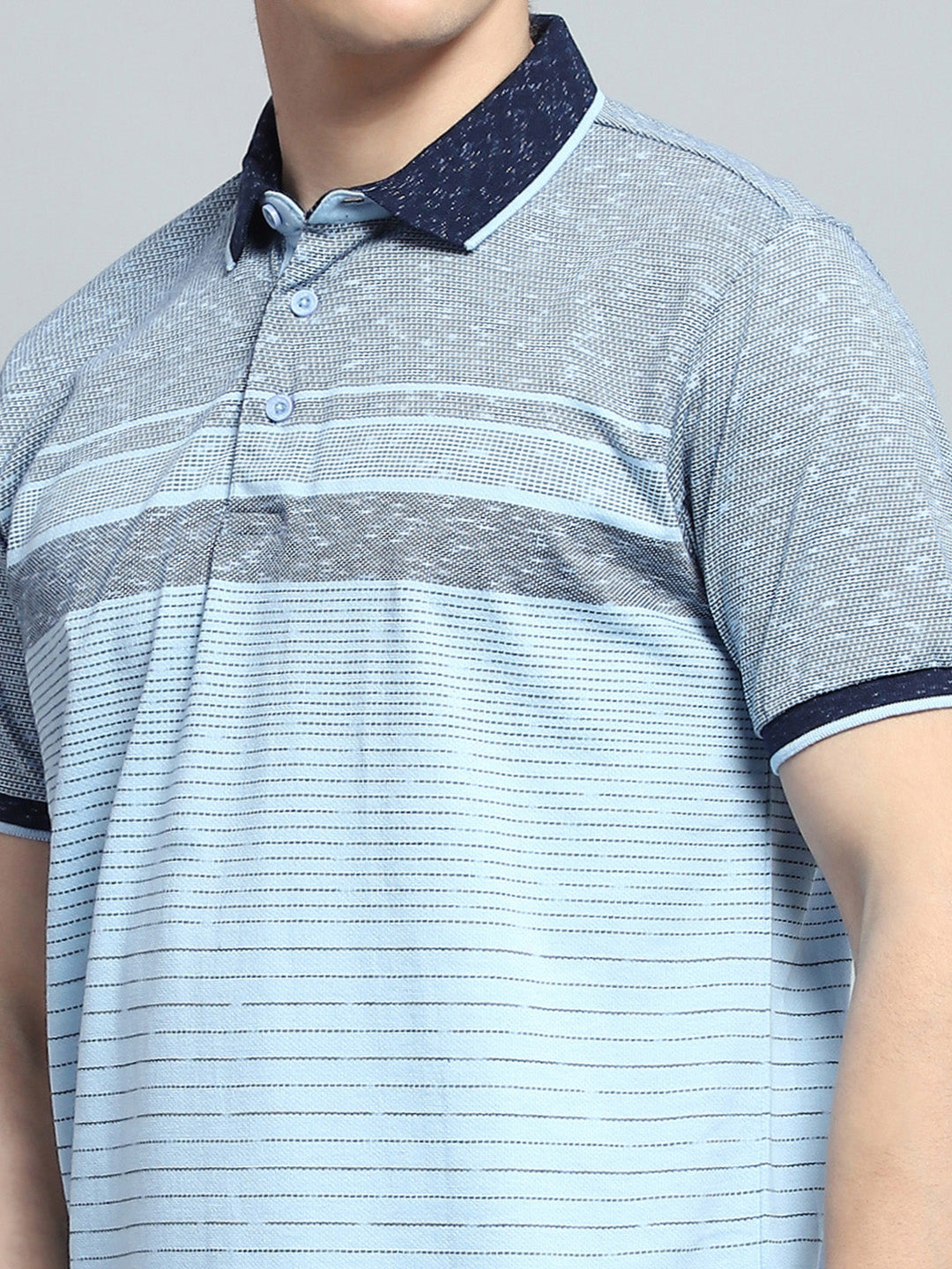 Men Sky Blue Stripe Collar Half Sleeve T-Shirt