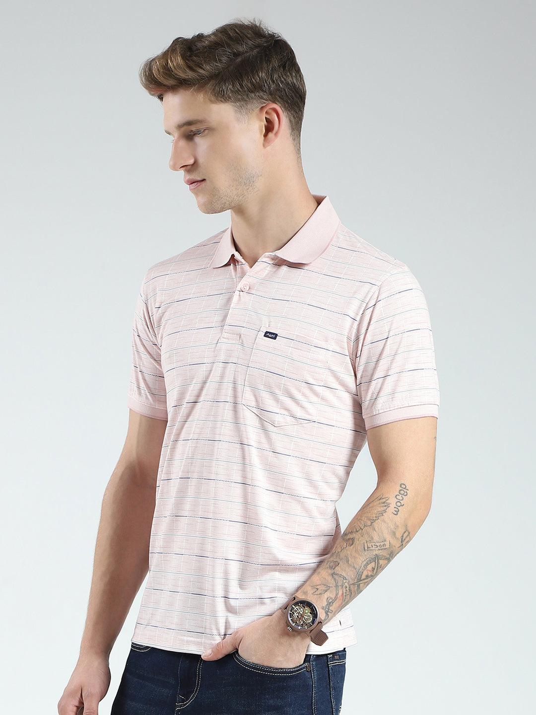 Men Pink Stripe Collar Half Sleeve T-Shirt