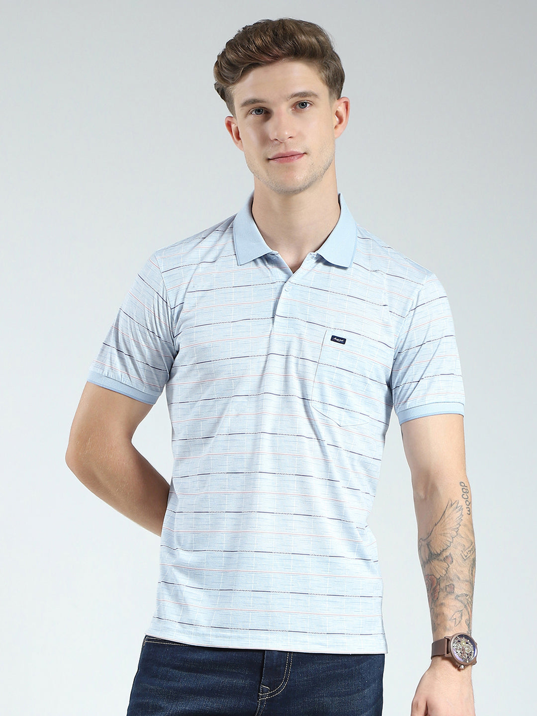 Men Blue Stripe Collar Half Sleeve T-Shirt