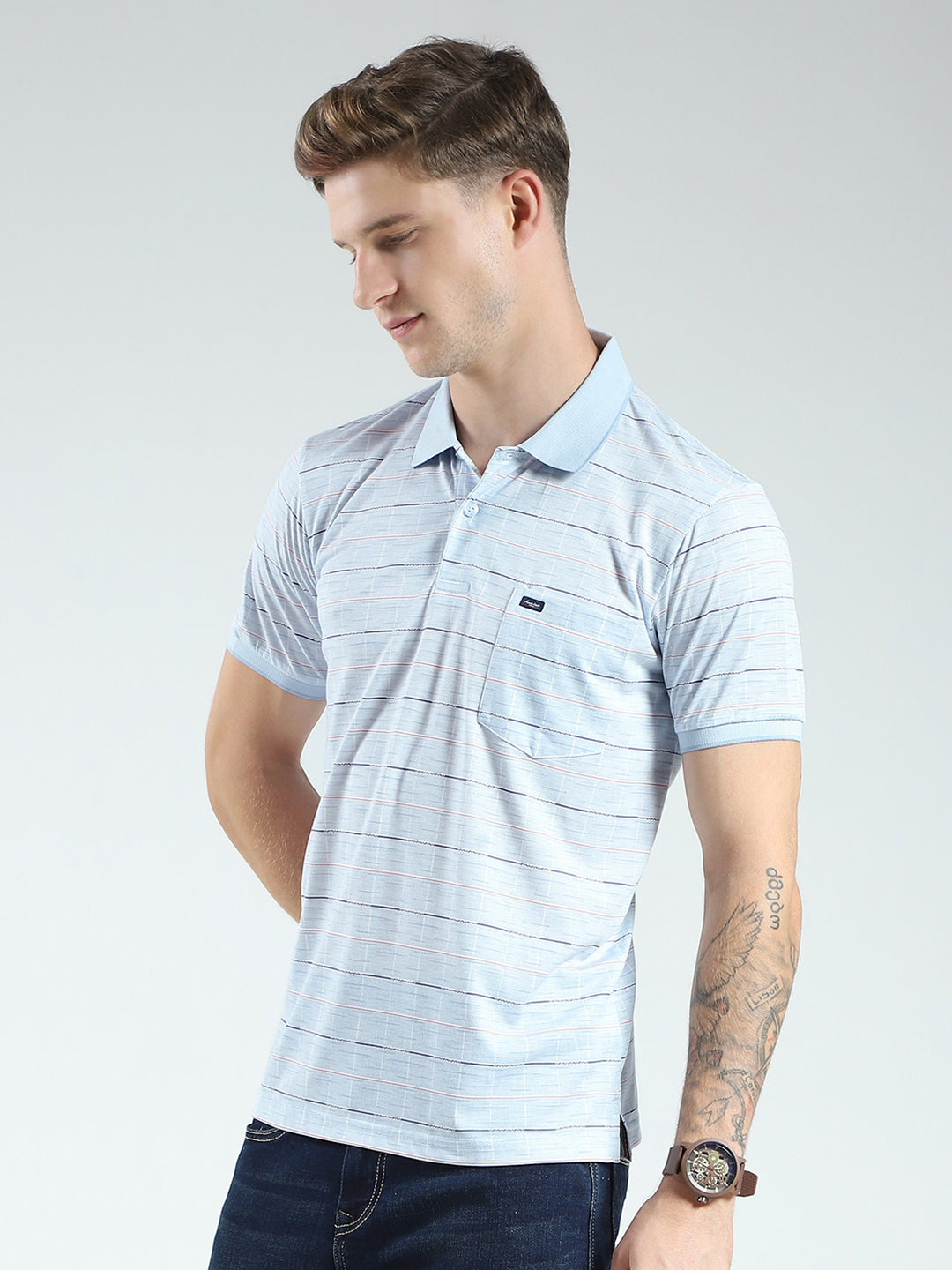 Men Blue Stripe Collar Half Sleeve T-Shirt