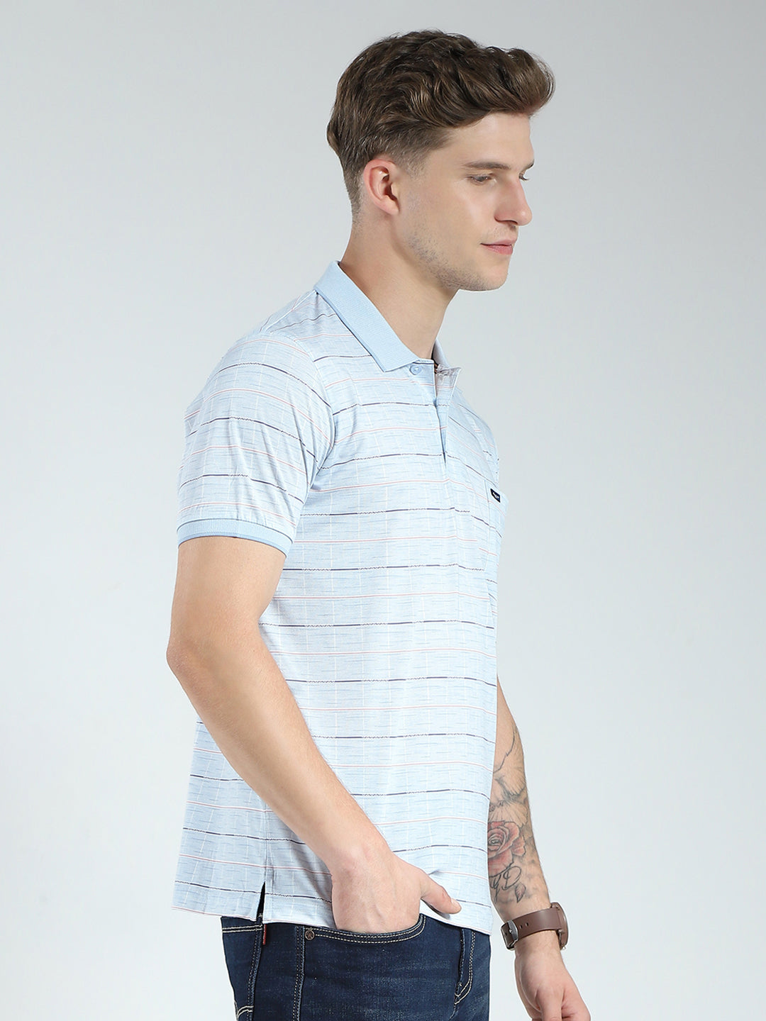 Men Blue Stripe Collar Half Sleeve T-Shirt
