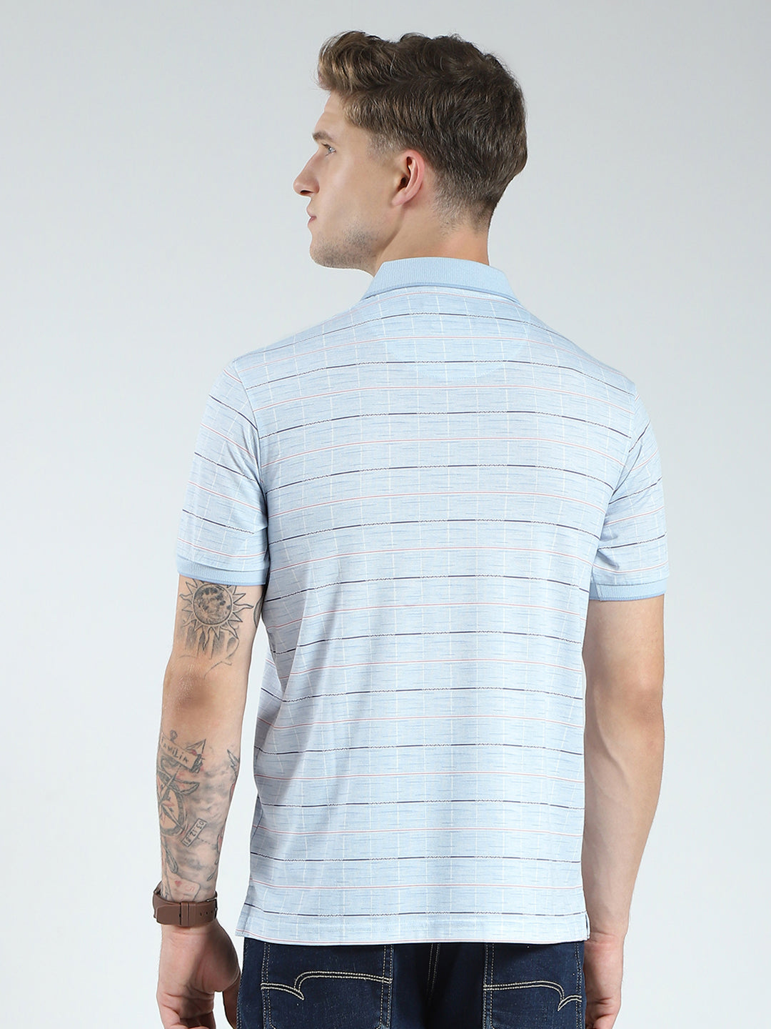 Men Blue Stripe Collar Half Sleeve T-Shirt