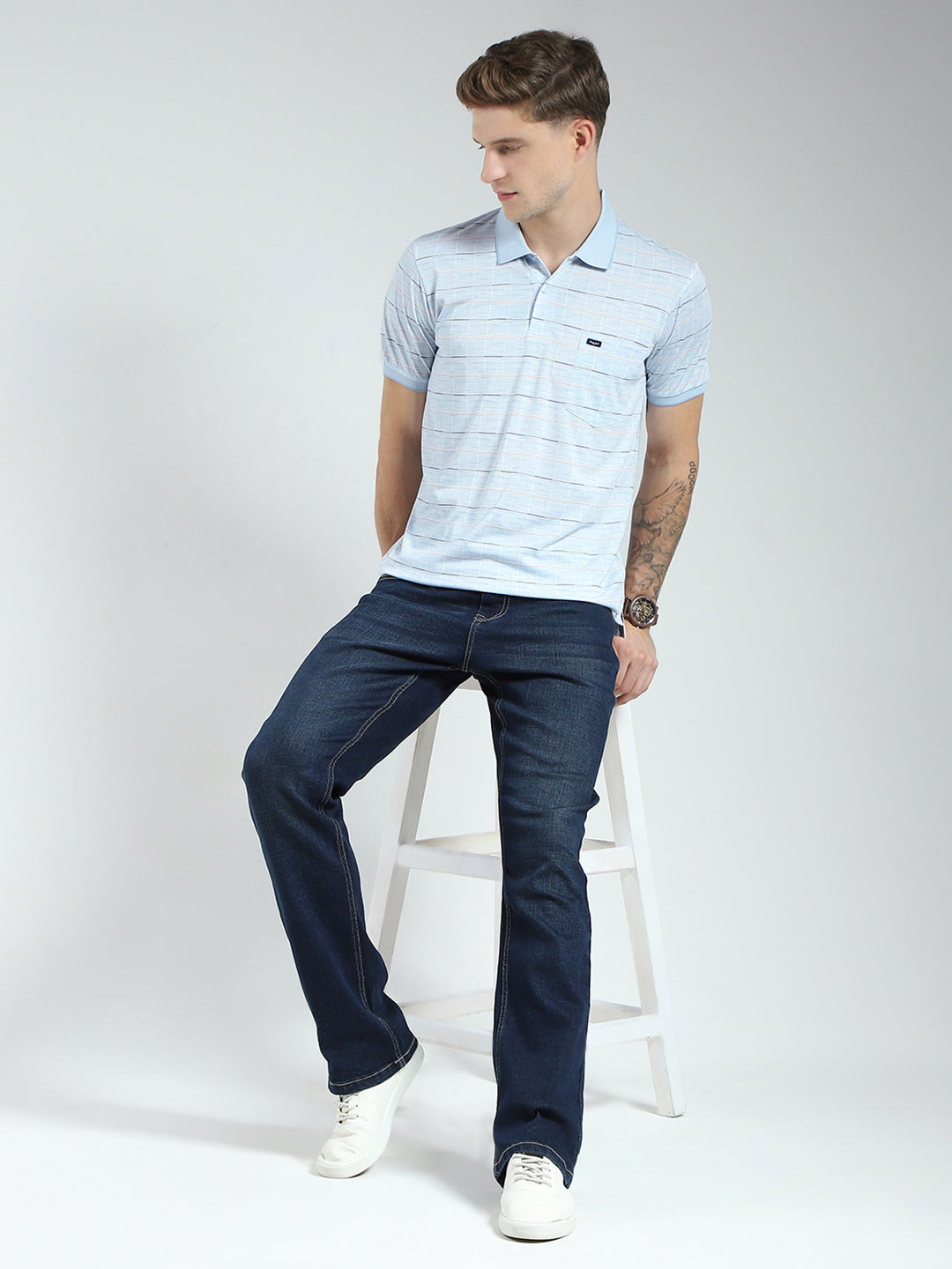 Men Blue Stripe Collar Half Sleeve T-Shirt