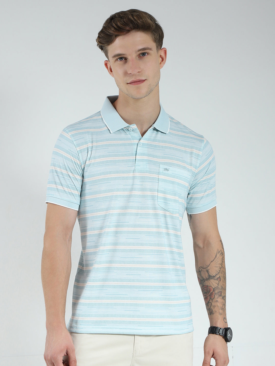 Men Blue Stripe Collar Half Sleeve T-Shirt