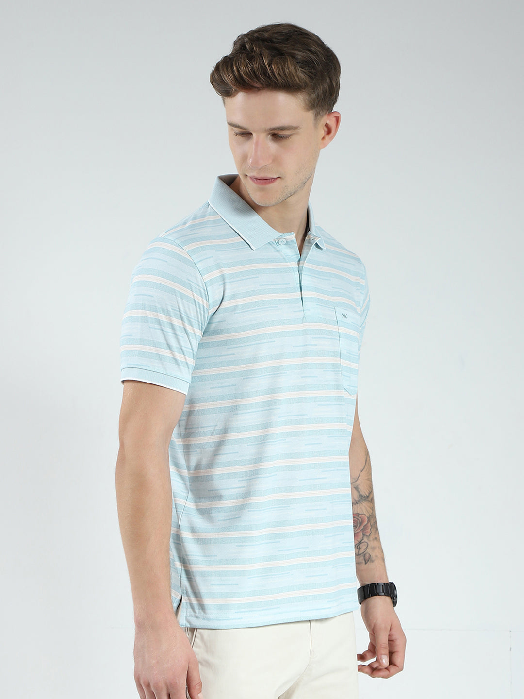 Men Blue Stripe Collar Half Sleeve T-Shirt