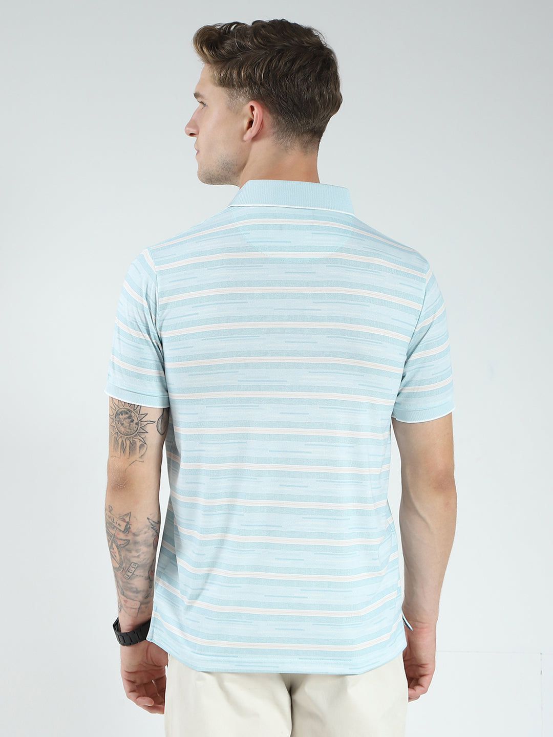 Men Blue Stripe Collar Half Sleeve T-Shirt