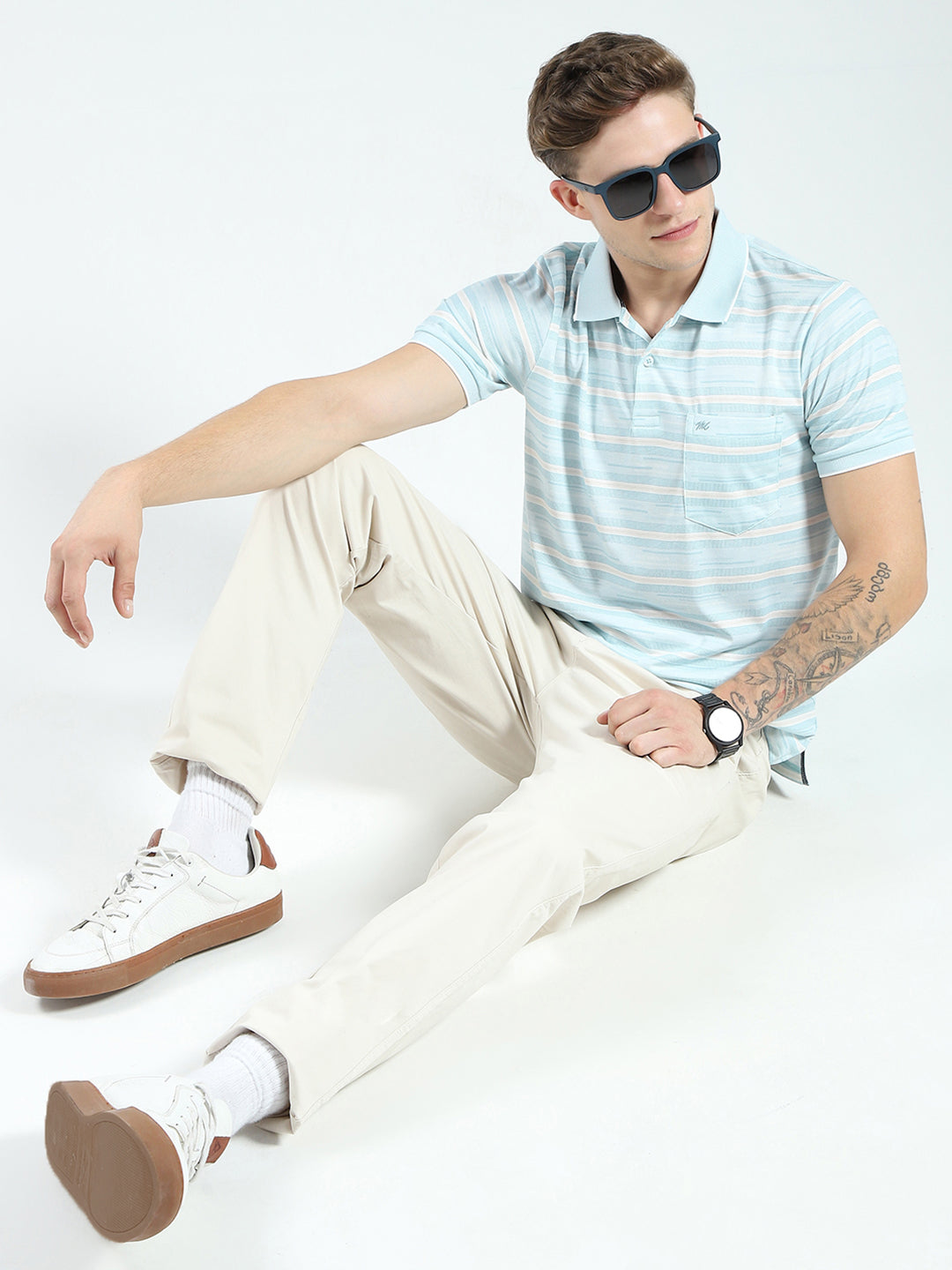 Men Blue Stripe Collar Half Sleeve T-Shirt