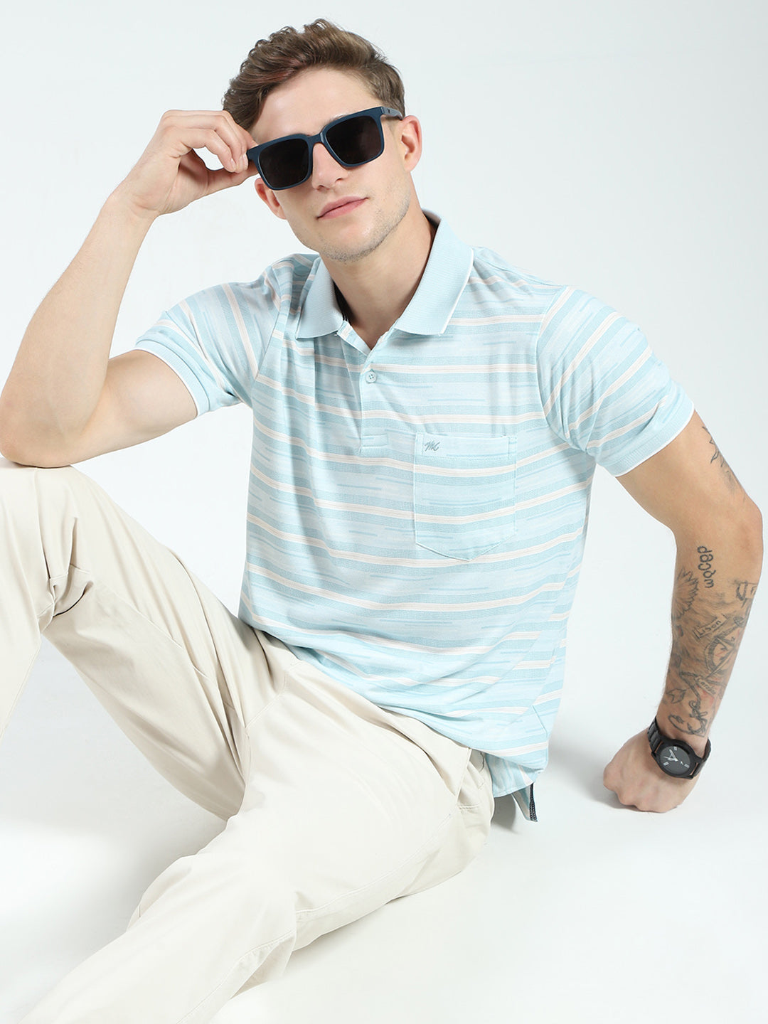 Men Blue Stripe Collar Half Sleeve T-Shirt