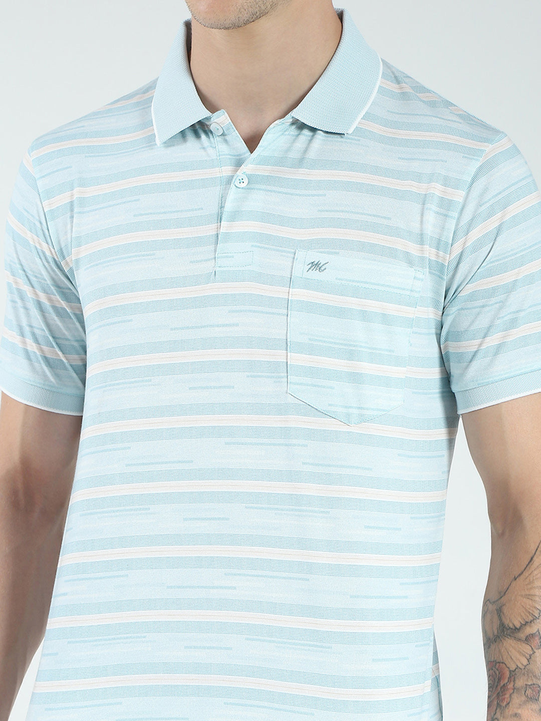 Men Blue Stripe Collar Half Sleeve T-Shirt