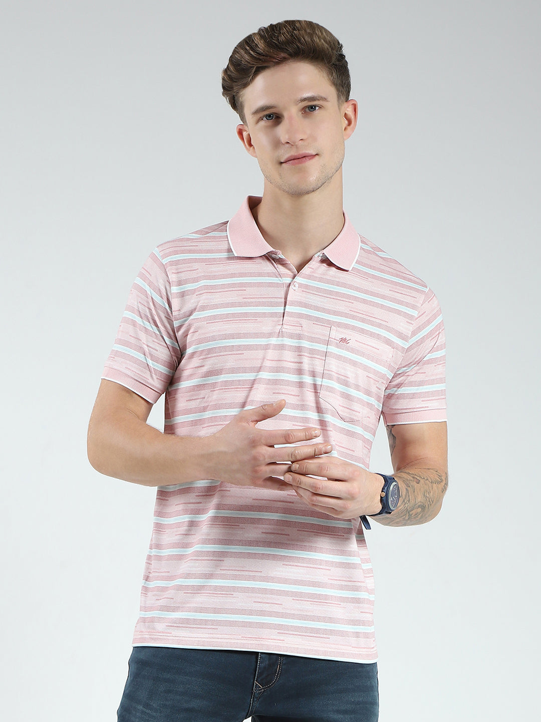 Men Peach Stripe Collar Half Sleeve T-Shirt