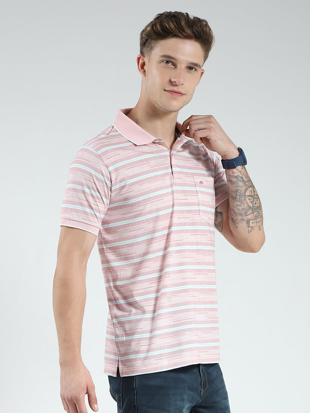 Men Peach Stripe Collar Half Sleeve T-Shirt
