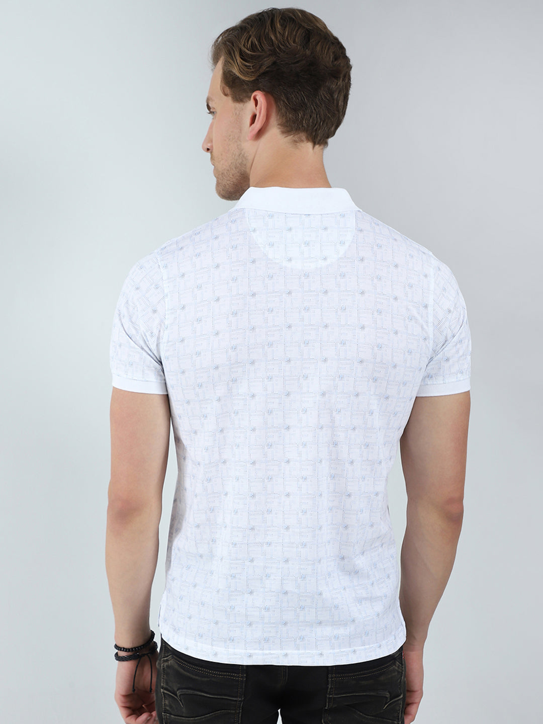 Men White Printed Collar Half Sleeve T-Shirt