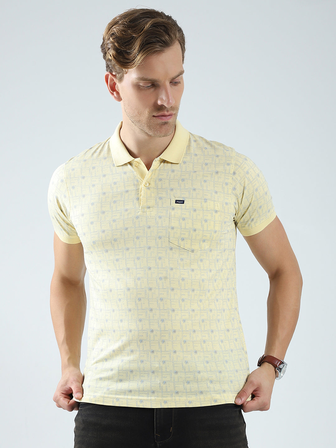 Men Yellow Printed Collar Half Sleeve T-Shirt