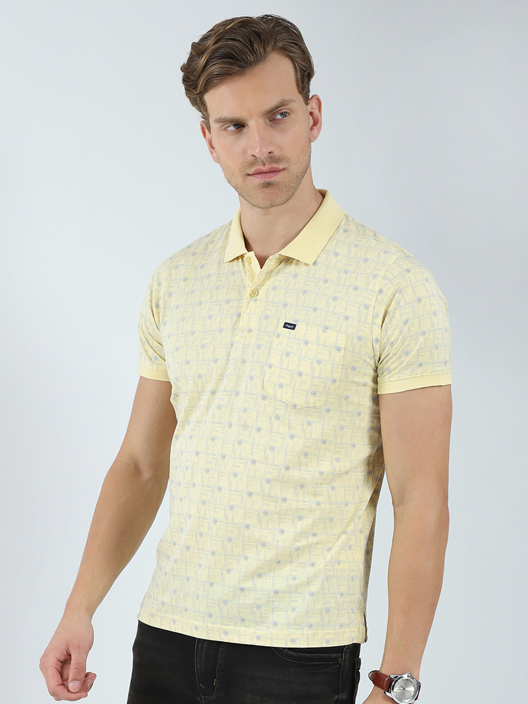 Men Yellow Printed Collar Half Sleeve T-Shirt
