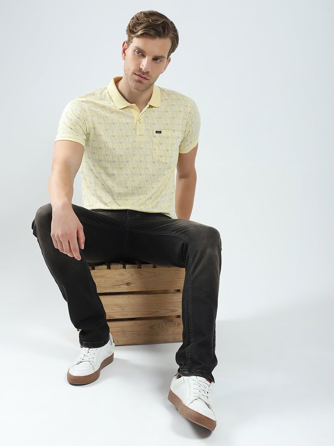 Men Yellow Printed Collar Half Sleeve T-Shirt