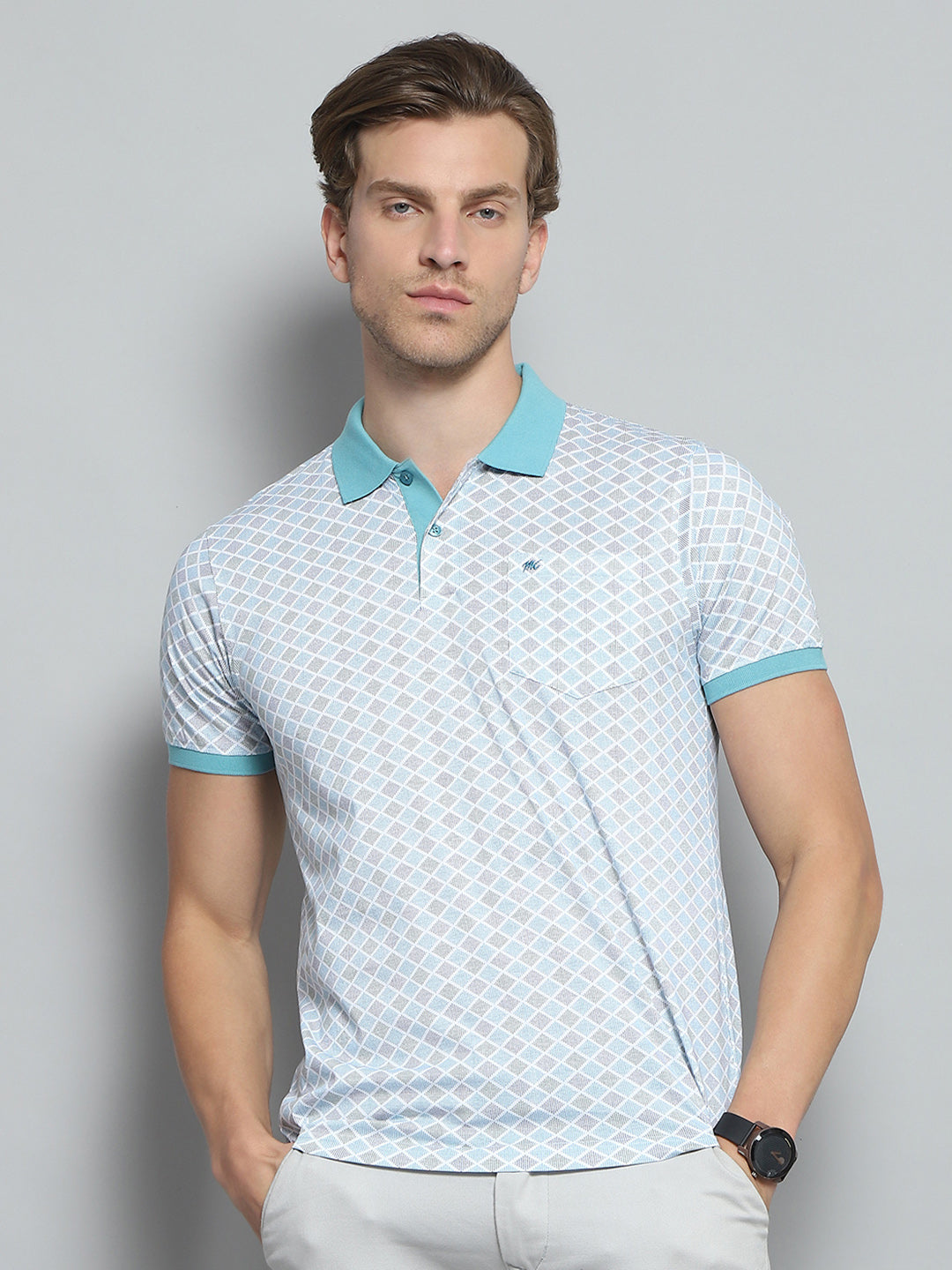 Men Blue Printed Collar Half Sleeve T-Shirt