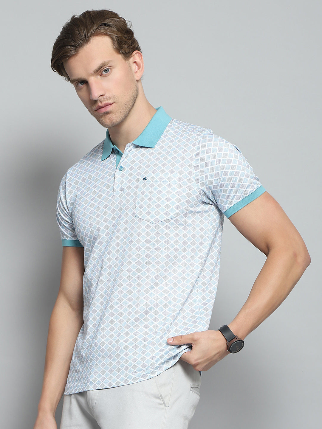 Men Blue Printed Collar Half Sleeve T-Shirt