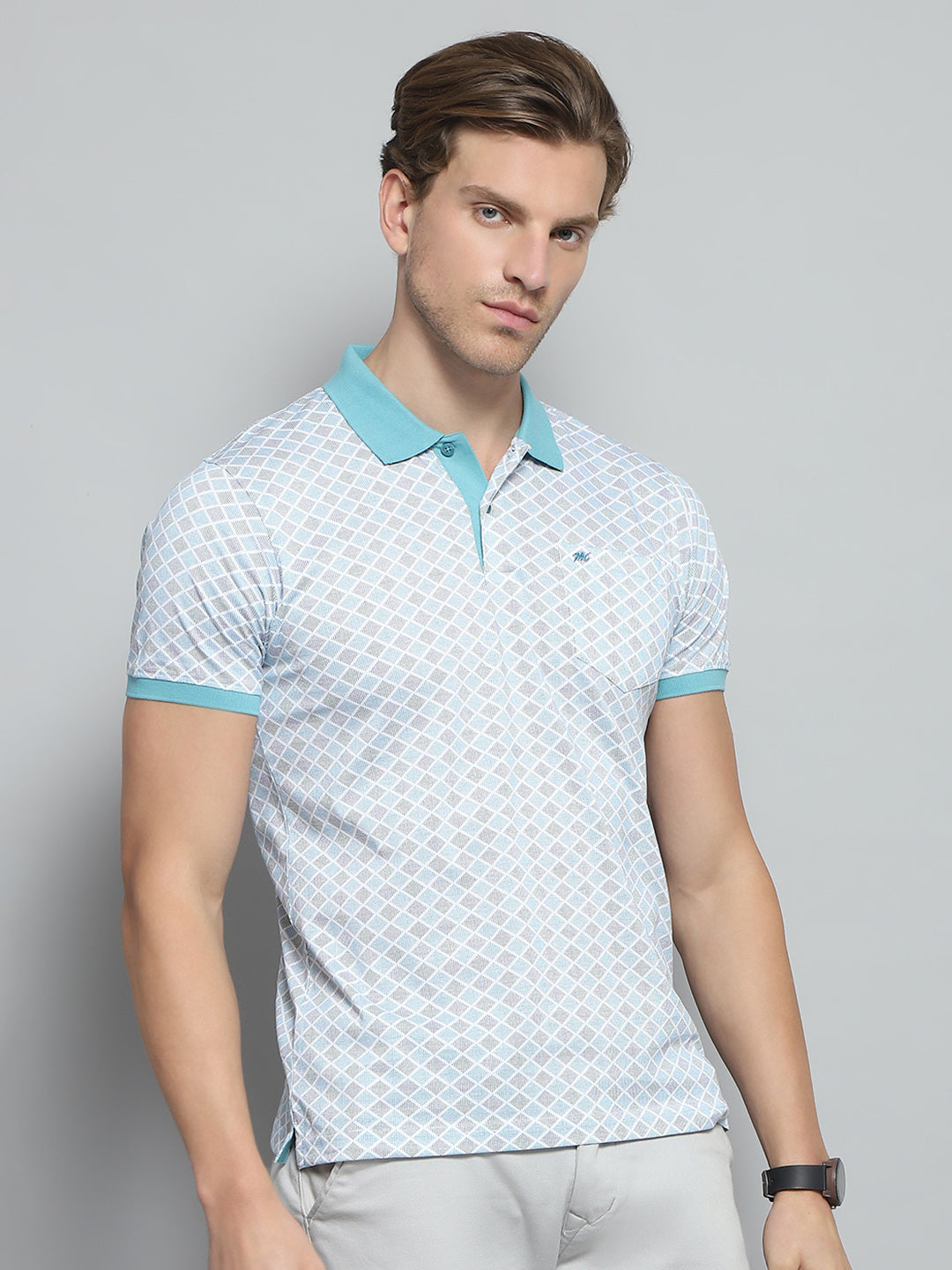 Men Blue Printed Collar Half Sleeve T-Shirt