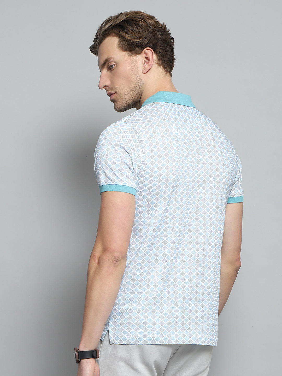 Men Blue Printed Collar Half Sleeve T-Shirt