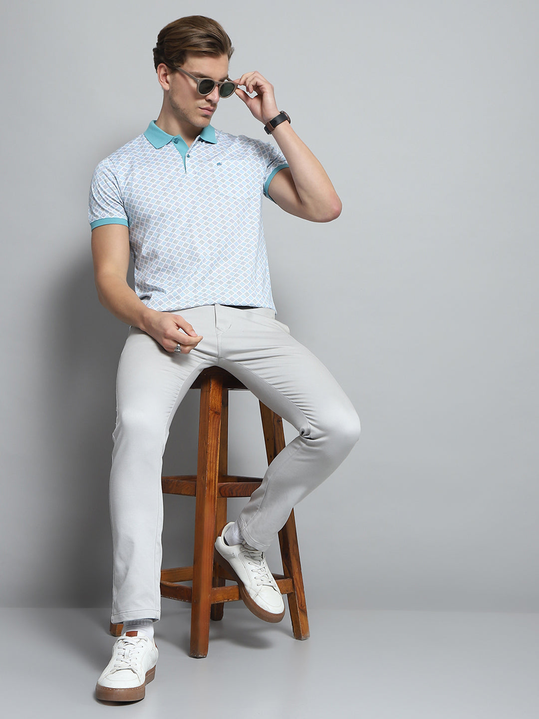 Men Blue Printed Collar Half Sleeve T-Shirt