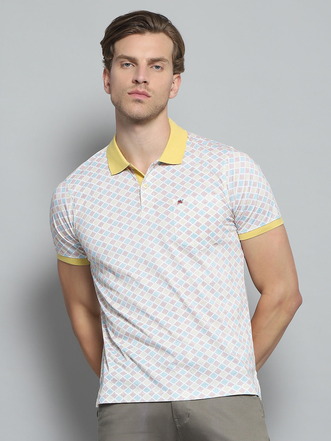 Men Yellow Printed Collar Half Sleeve T-Shirt