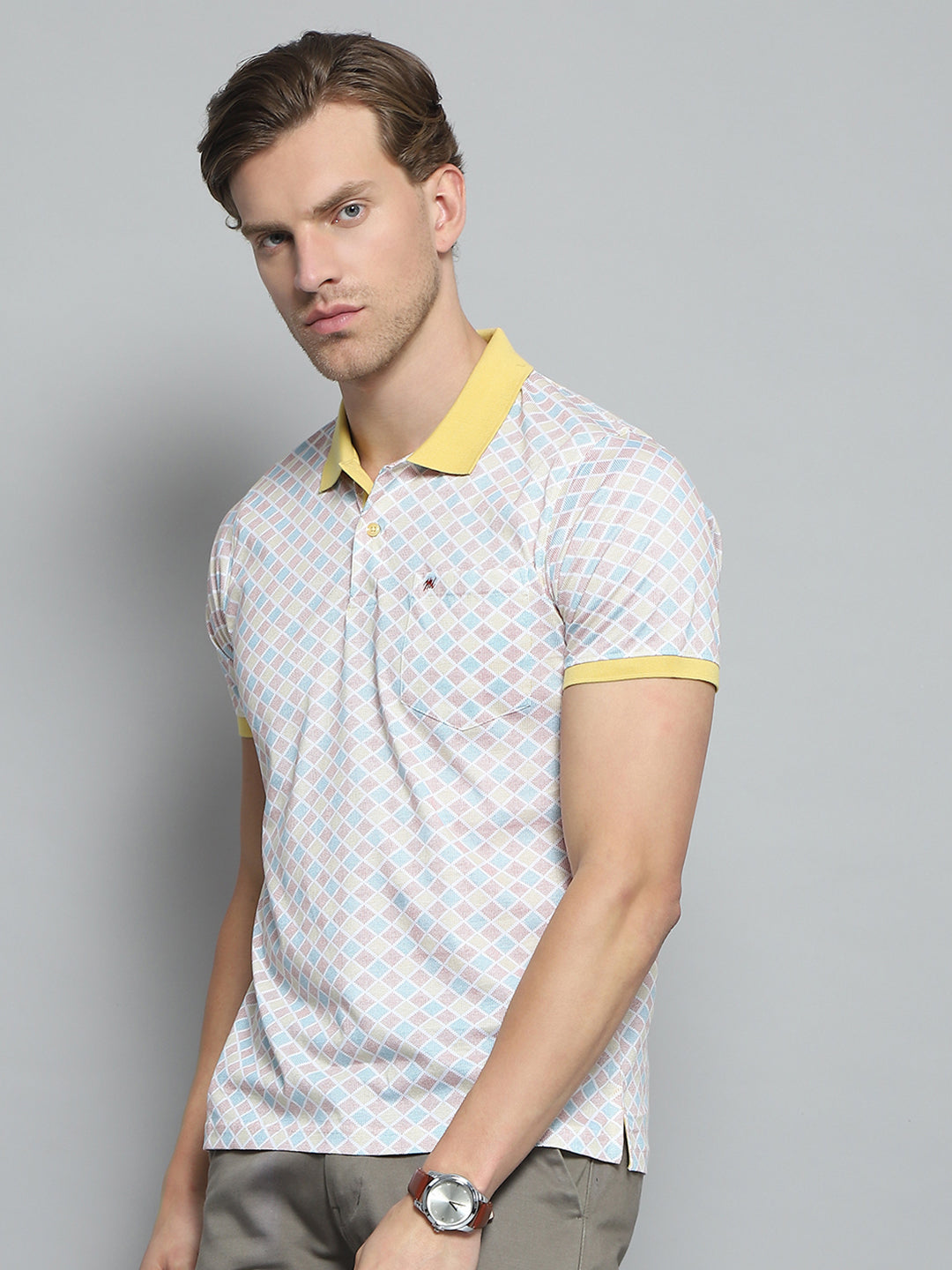 Men Yellow Printed Collar Half Sleeve T-Shirt