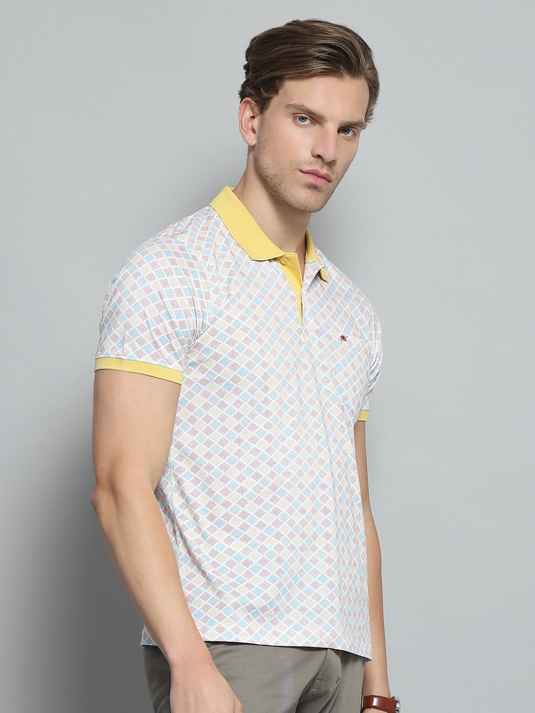 Men Yellow Printed Collar Half Sleeve T-Shirt