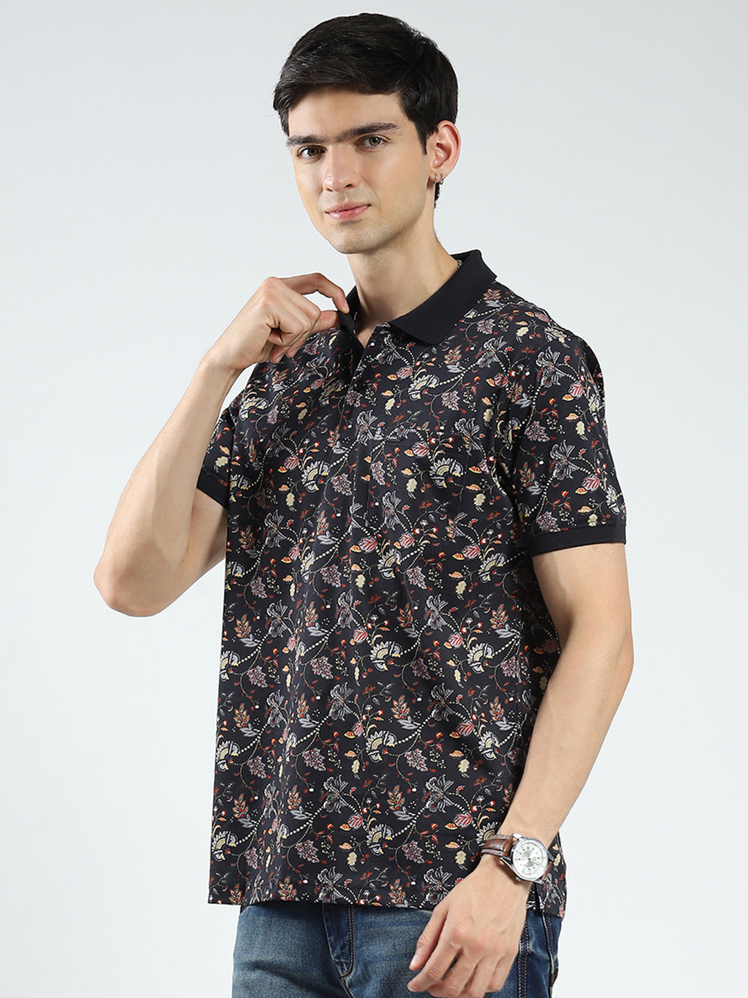 Men Black Printed Collar Half Sleeve T-Shirt