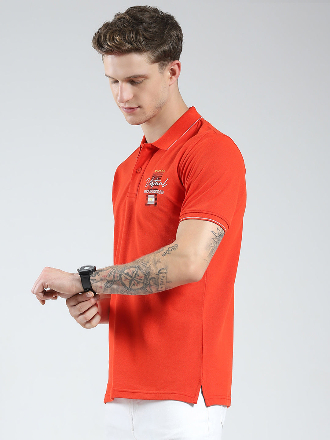 Men Orange Printed Collar Half Sleeve T-Shirt