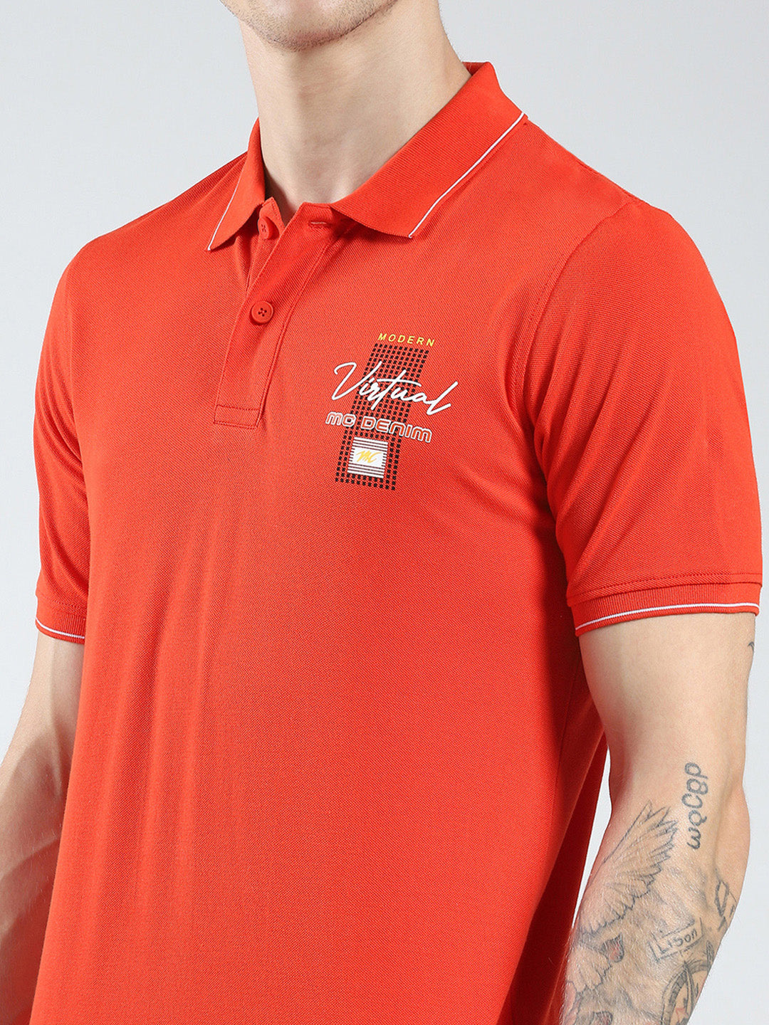 Men Orange Printed Collar Half Sleeve T-Shirt