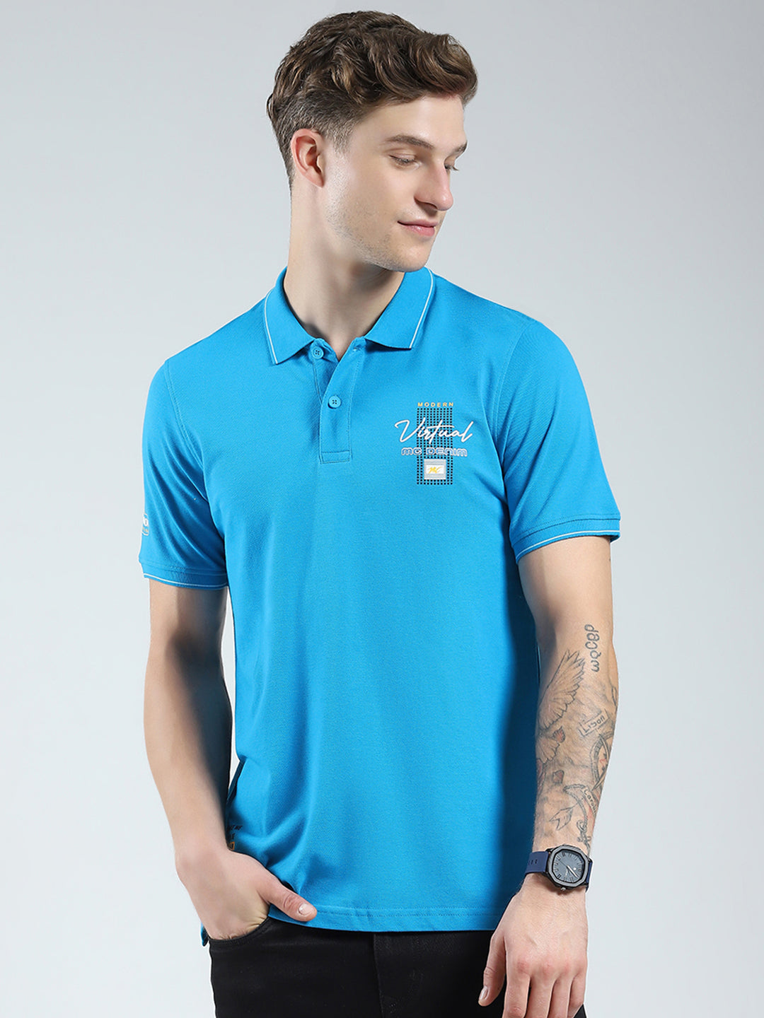 Men Blue Printed Collar Half Sleeve T-Shirt