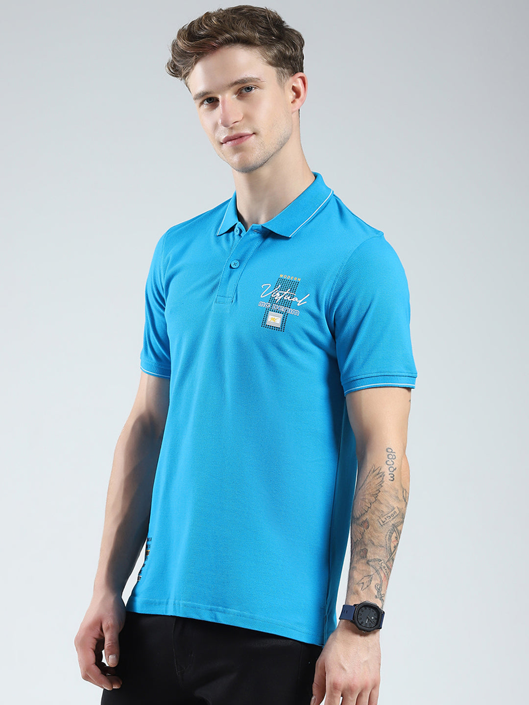 Men Blue Printed Collar Half Sleeve T-Shirt