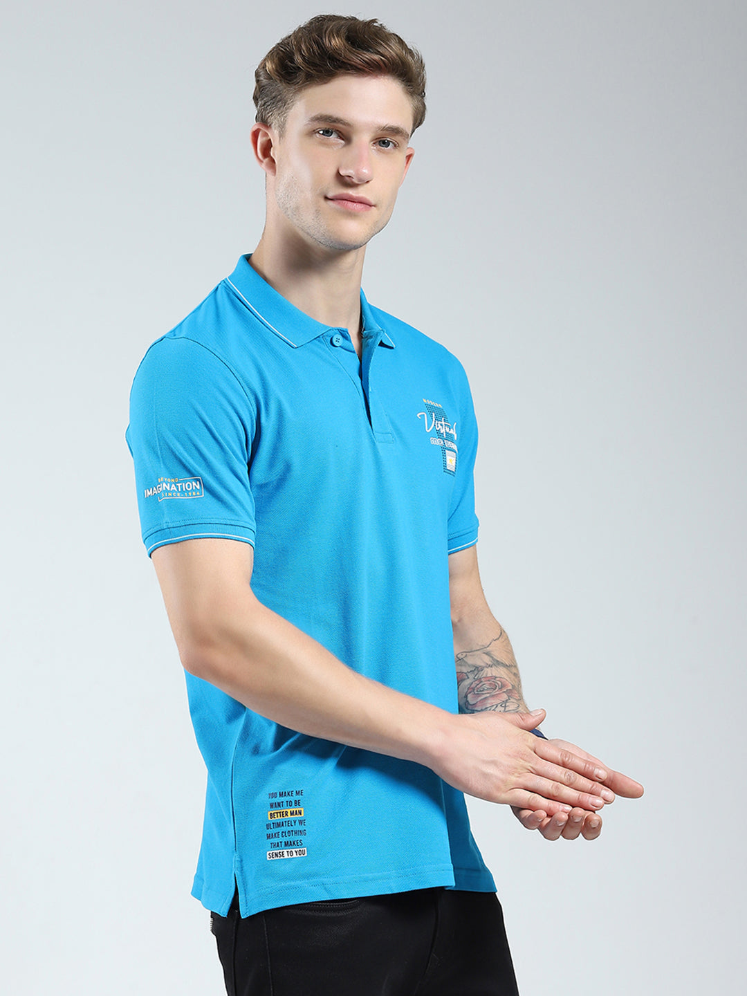 Men Blue Printed Collar Half Sleeve T-Shirt